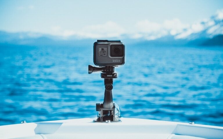 Action camera mounted on boat for capturing water adventures.