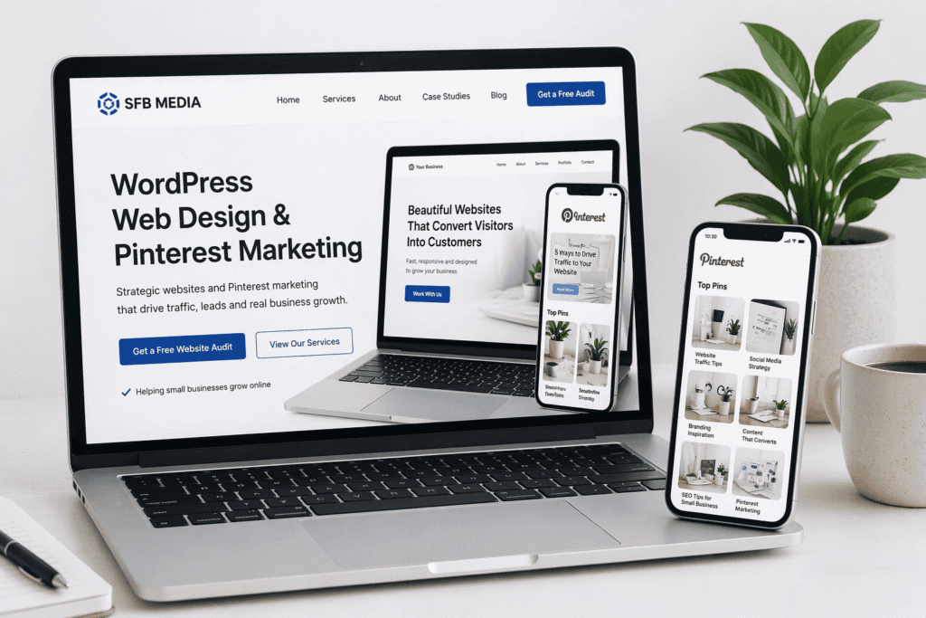 Laptop and mobile showing SFB Media WordPress web design and Pinterest marketing services for business growth.